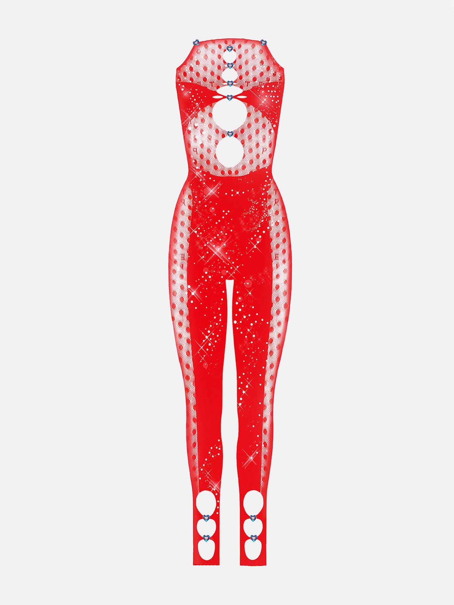 Janice Rhinestone Cut Out Bodycon Jumpsuit Red POSTER GIRL