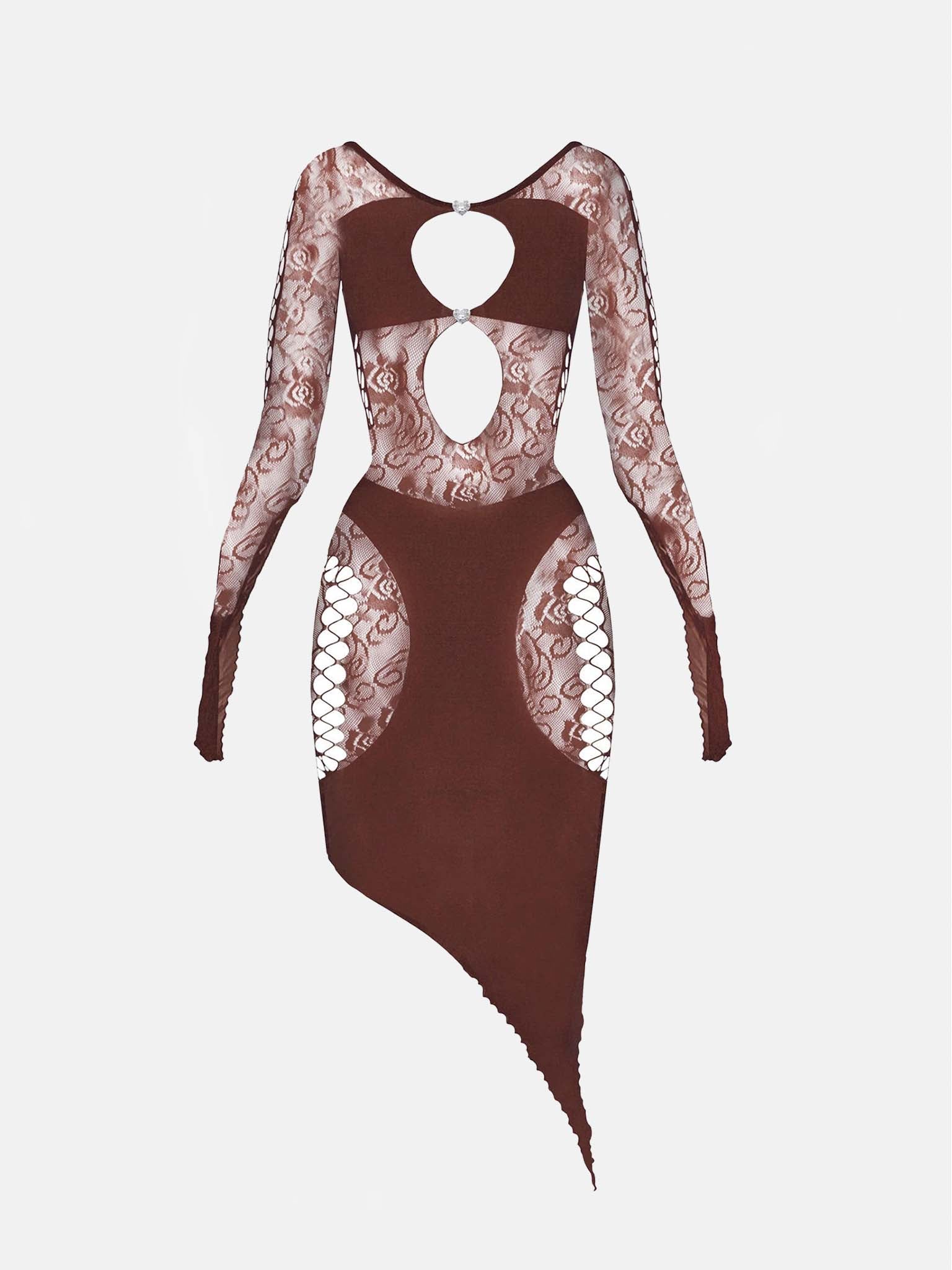 Charlotte Lace Sleeved Bodycon Midi Dress Brown | POSTER GIRL Charlotte Lace Sleeved Bodycon Midi Dress Brown | POSTER GIRL