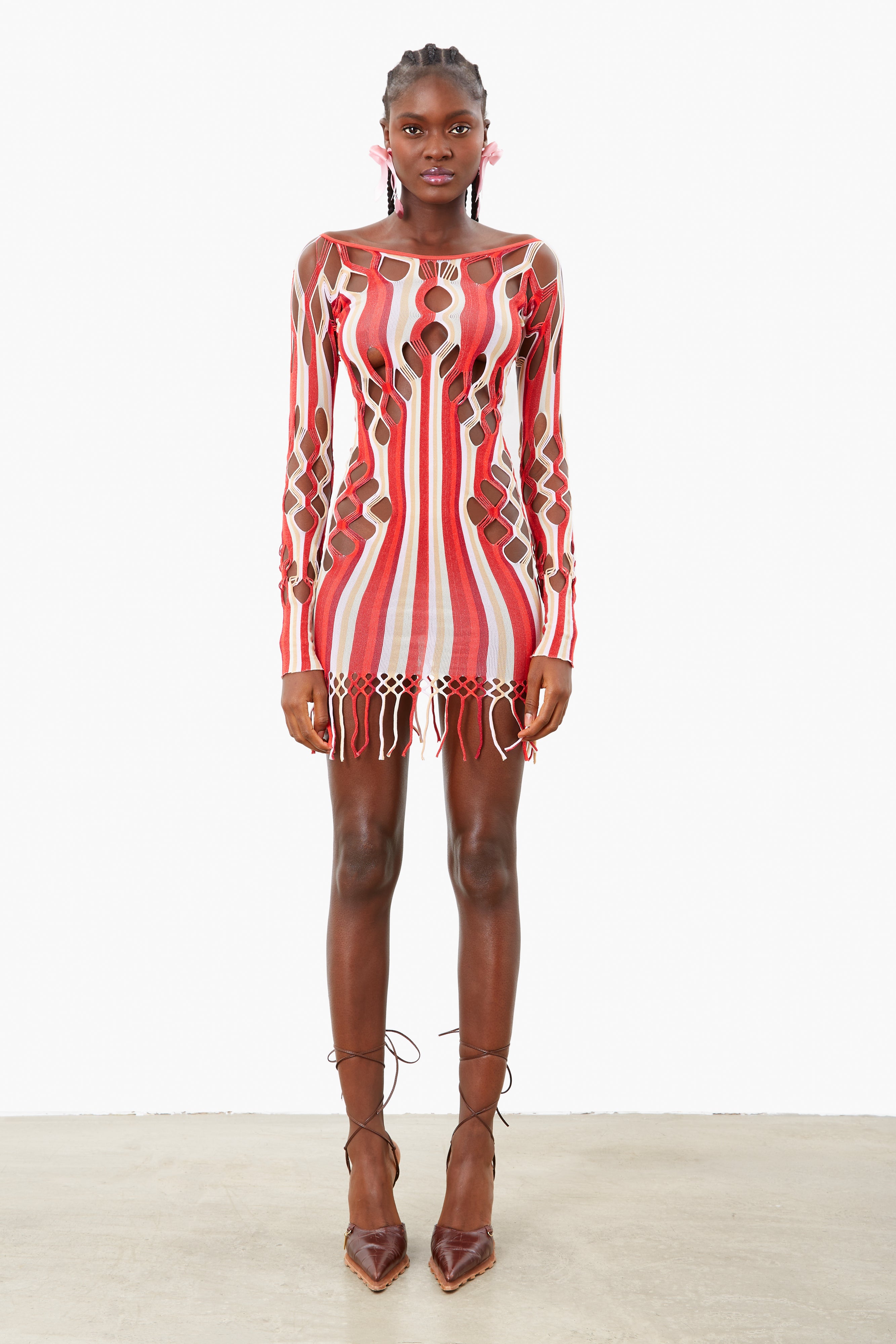 red and white striped long sleeve dress Striped Popcorn Print Mini Shirt Dress Red