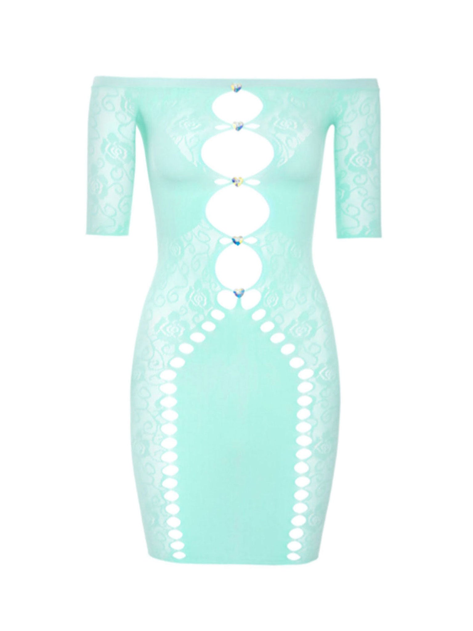 Lace Teal Bandage Dress Alice Cut-Out Bodycon Sleeved Bandeau Mini Dress Soft Turquoise Lace Teal Bandage Dress Alice Cut-Out Bodycon Sleeved Bandeau Mini Dress Soft Turquoise