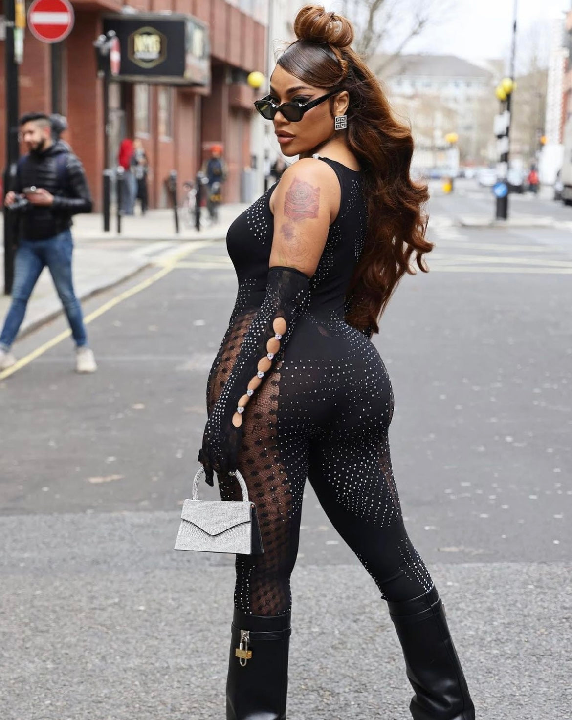 STEFFLON DON WEARS THE RHINESTONED JANICE JUMPSUIT AND GLOVES SET IN JET BLACK