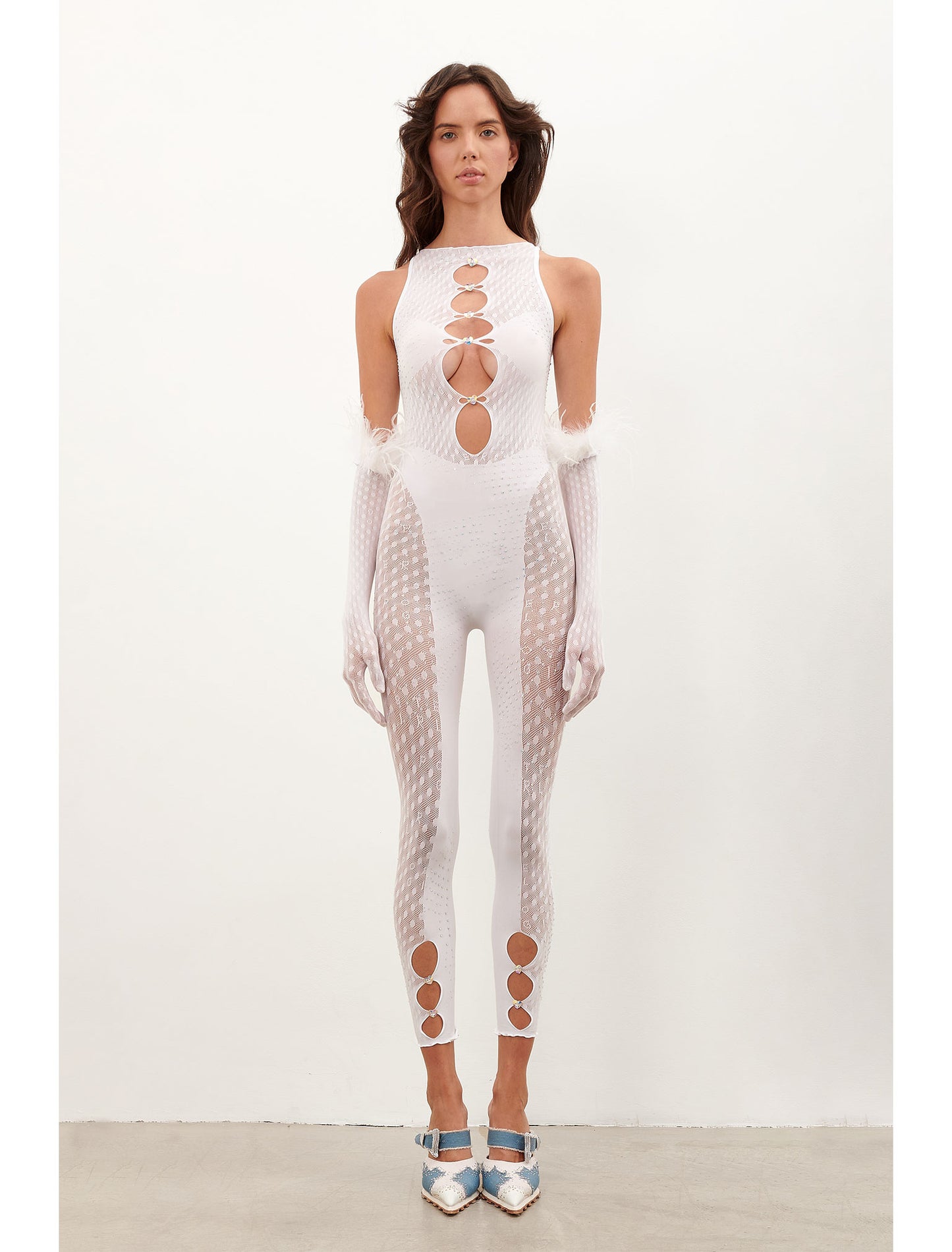 Rhinestoned Janice Jumpsuit X Gloves Set Optic White