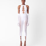 Rhinestoned Janice Jumpsuit X Gloves Set Optic White