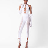 Rhinestoned Janice Jumpsuit X Gloves Set Optic White