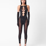 Rhinestoned Janice Jumpsuit X Gloves Set Jet Black