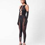 Rhinestoned Janice Jumpsuit X Gloves Set Jet Black