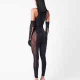 Rhinestoned Janice Jumpsuit X Gloves Set Jet Black