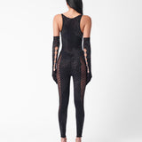 Rhinestoned Janice Jumpsuit X Gloves Set Jet Black
