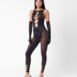 Rhinestoned Janice Jumpsuit X Gloves Set Jet Black