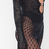 Rhinestoned Janice Jumpsuit X Gloves Set Jet Black