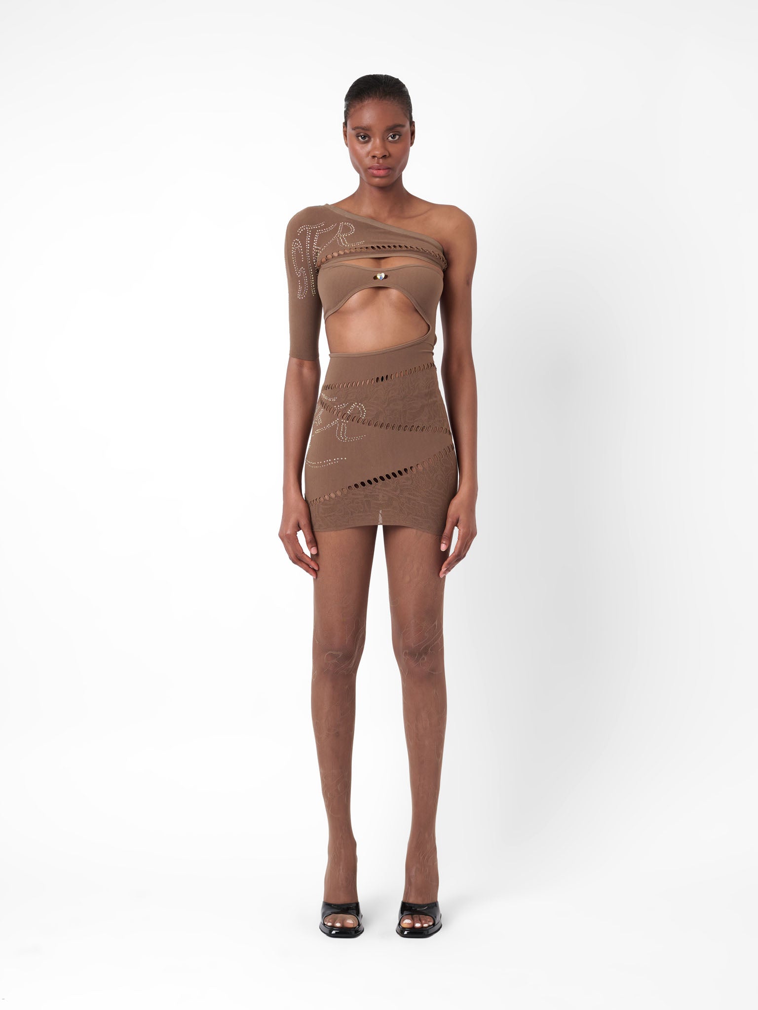 Robin Rhinestone Cut-Out One Shoulder Short Sleeved Mini Dress Brown