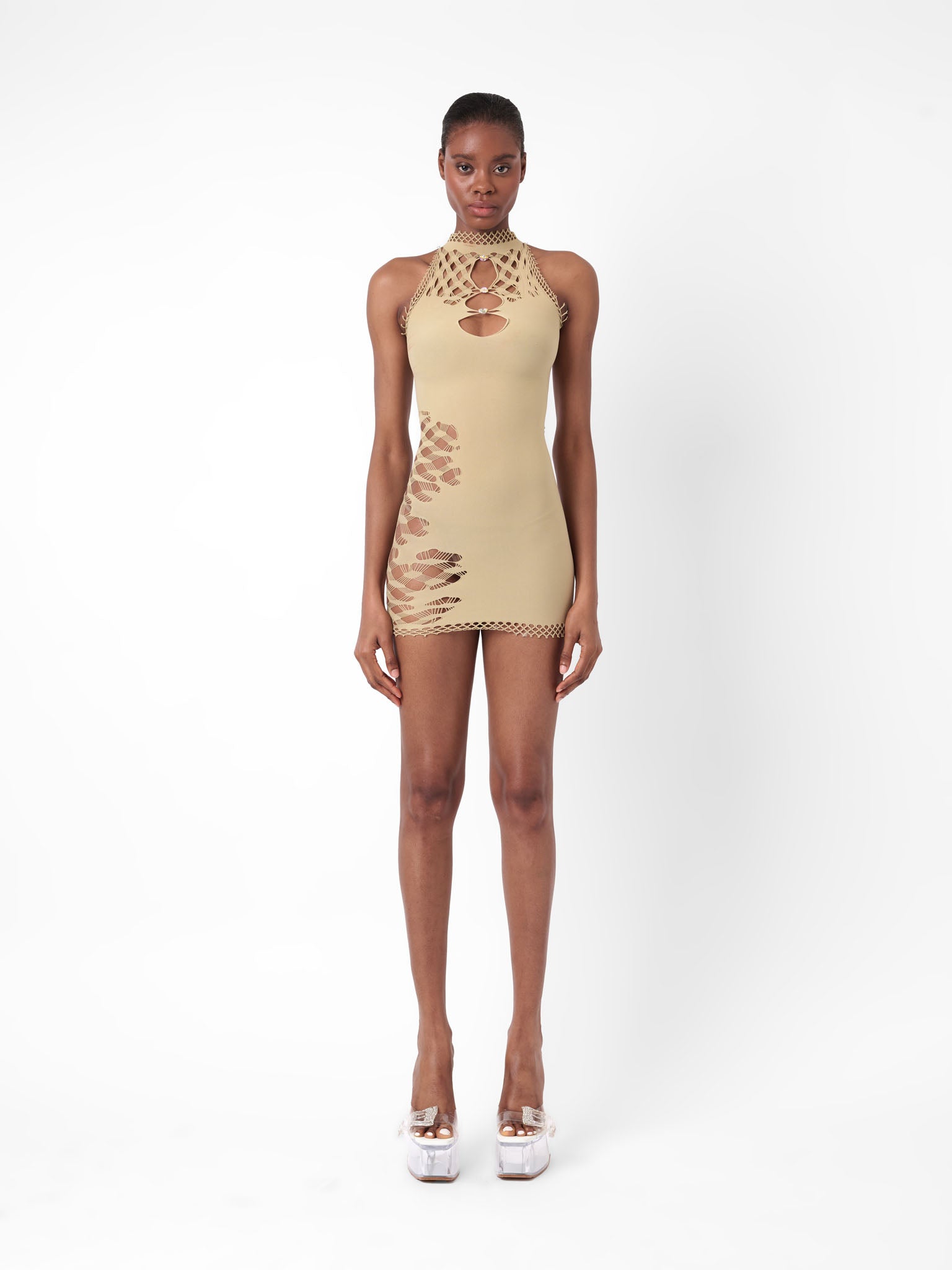 Darcia Sleeveless Bodycon Mini Dress Beige