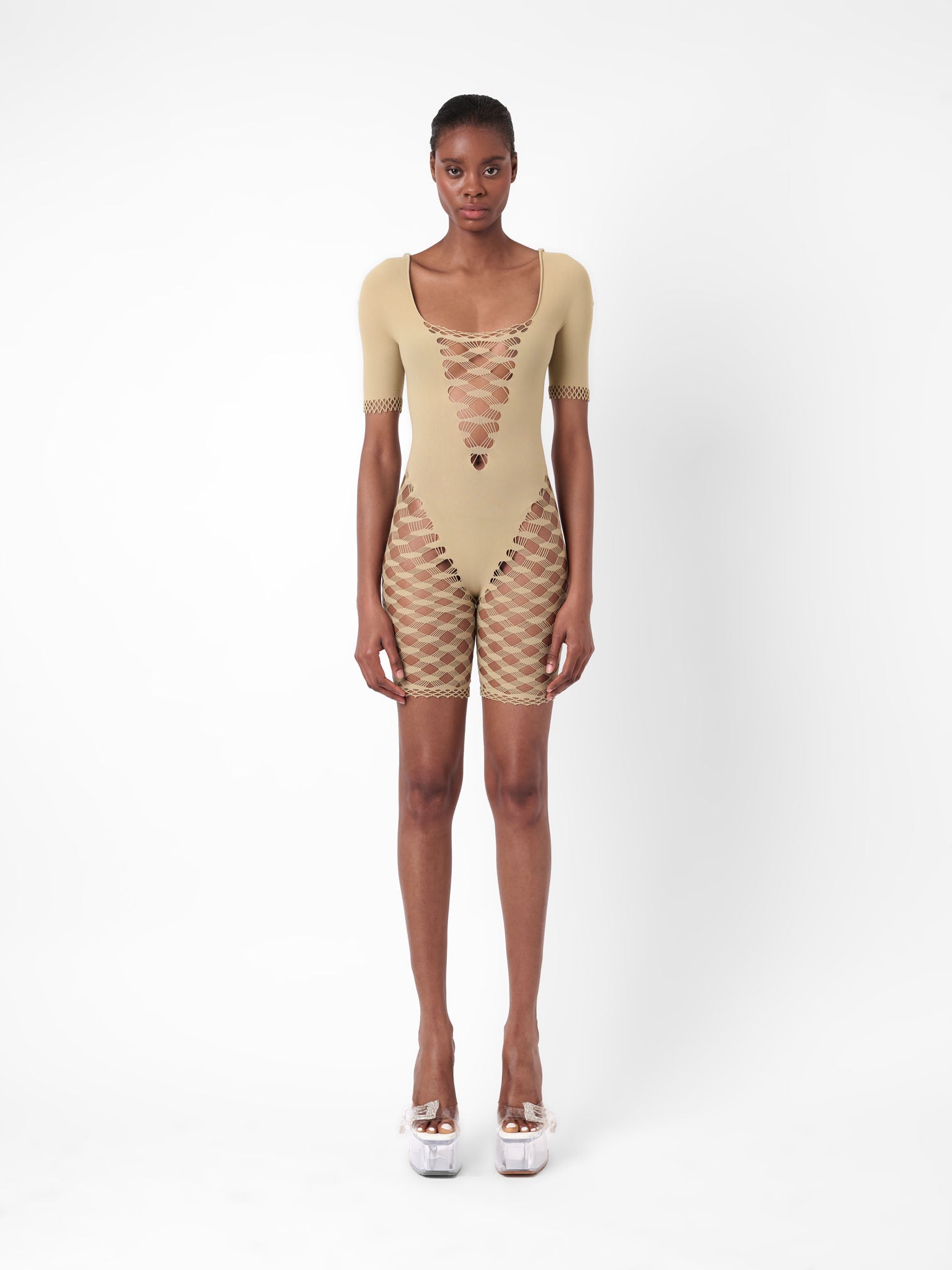 Shelly Short Sleeved Playsuit Beige | POSTER GIRL