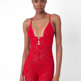 Scarlett Jumpsuit Flocked Mesh Red