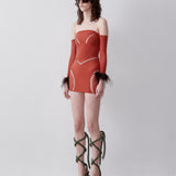 Lexi Dress Burnt Henna with Chocolate Marabou Feathers