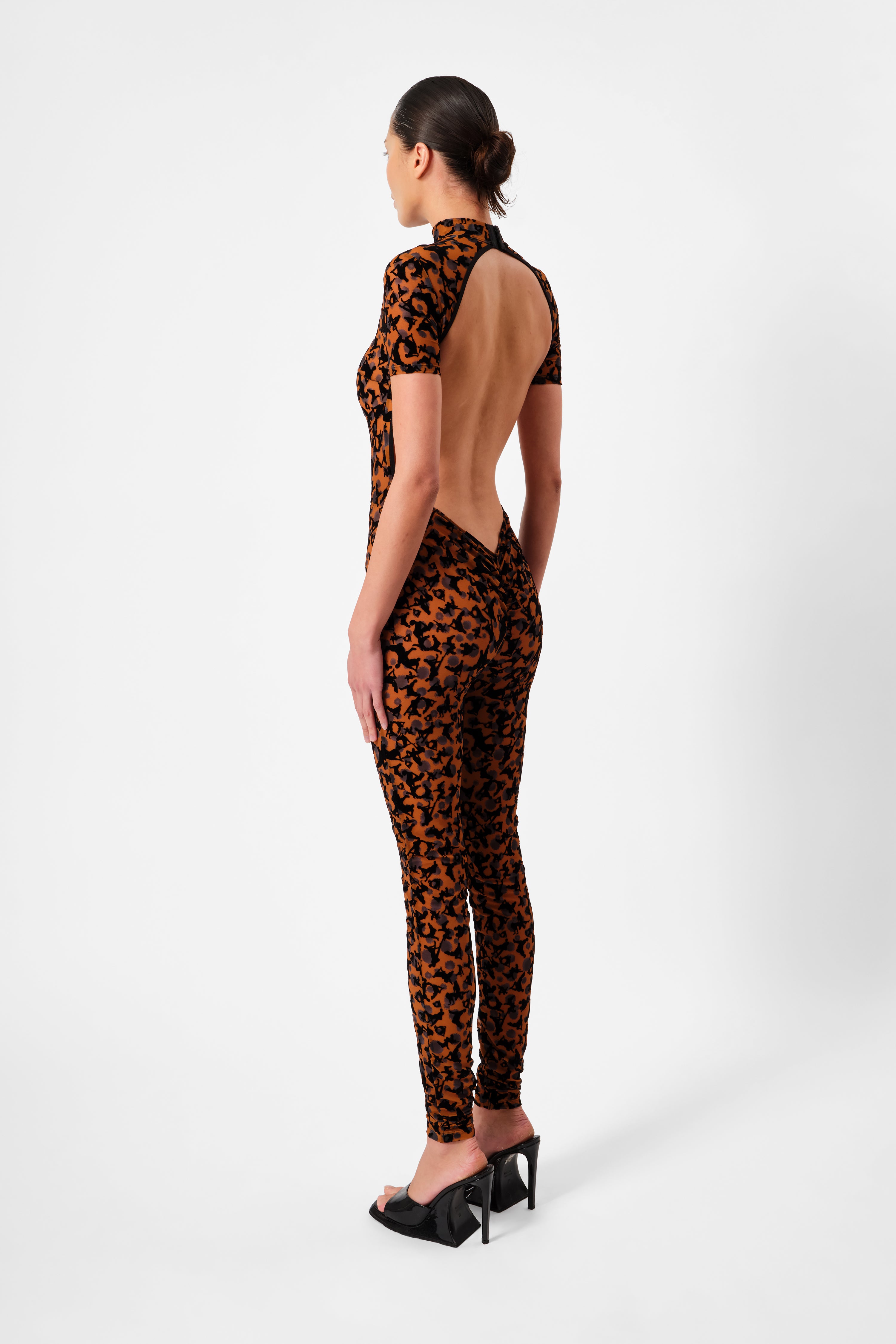 Knockout Open Back Bodycon Jumpsuit Brown Leopard Print | POSTER GIRL