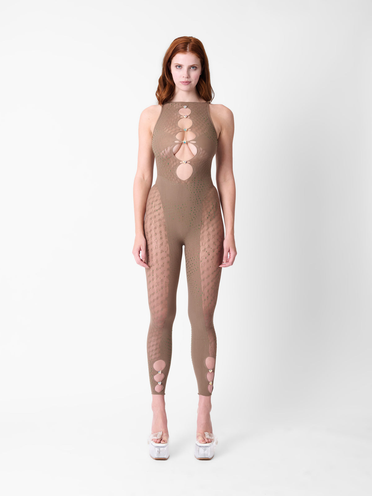 Rhinestoned Janice Jumpsuit Truffle