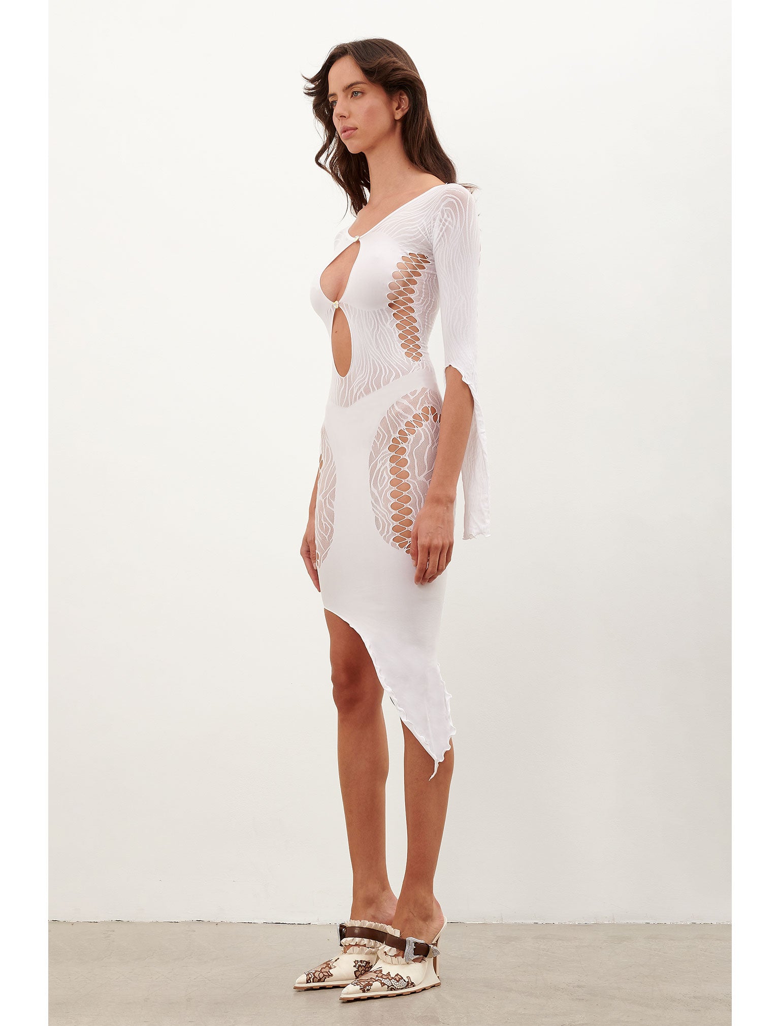 Charlotte Lace Sleeved Bodycon Midi Dress White | POSTER GIRL