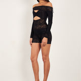 Davina Sleeved Romper Lace Raven Black