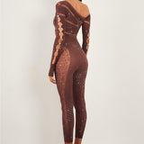 Ivy Long Rhinestone Jumpsuit Old Money Brown