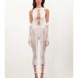 Rhinestoned Janice Jumpsuit X Gloves Set Optic White