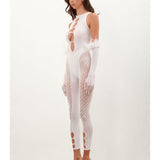 Rhinestoned Janice Jumpsuit X Gloves Set Optic White