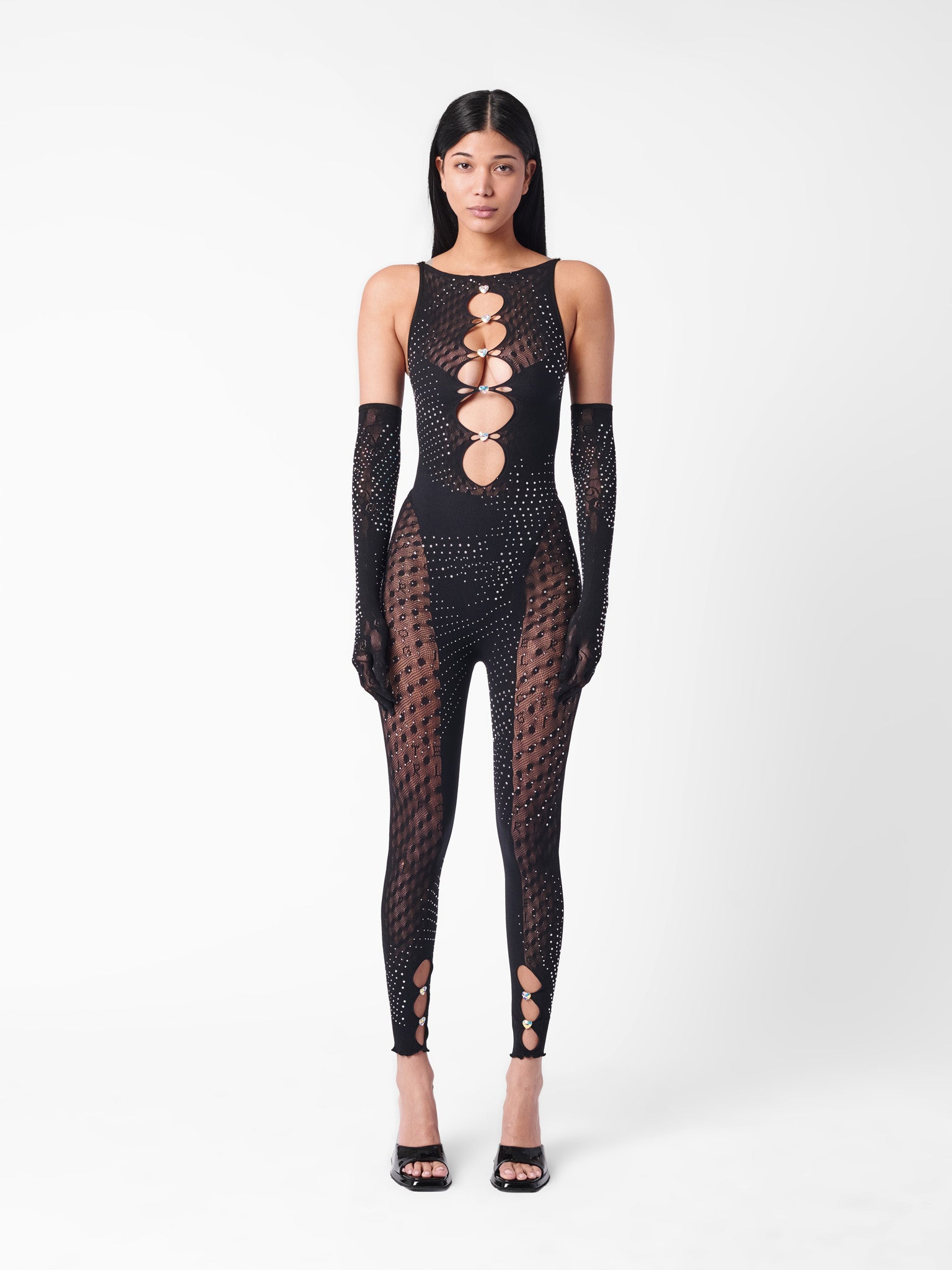 Rhinestoned Janice Jumpsuit X Gloves Set Jet Black