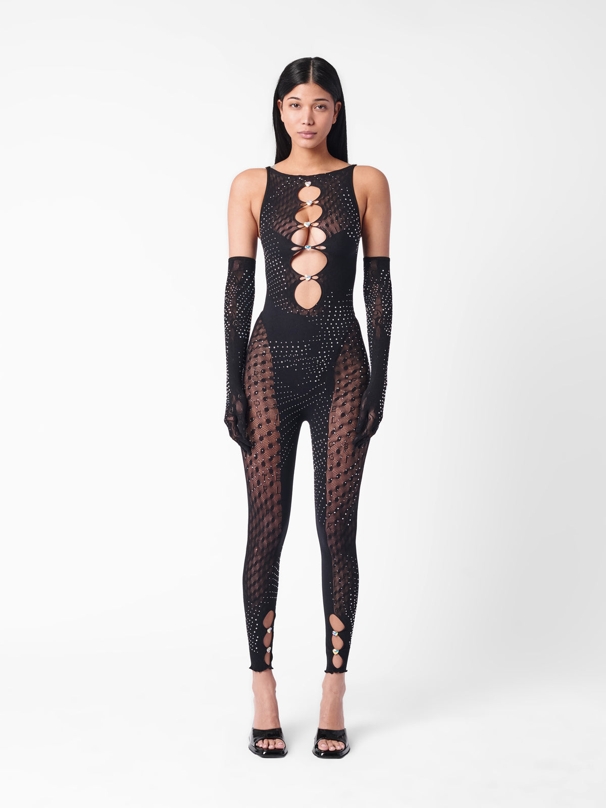 Rhinestoned Janice Jumpsuit X Gloves Set Jet Black