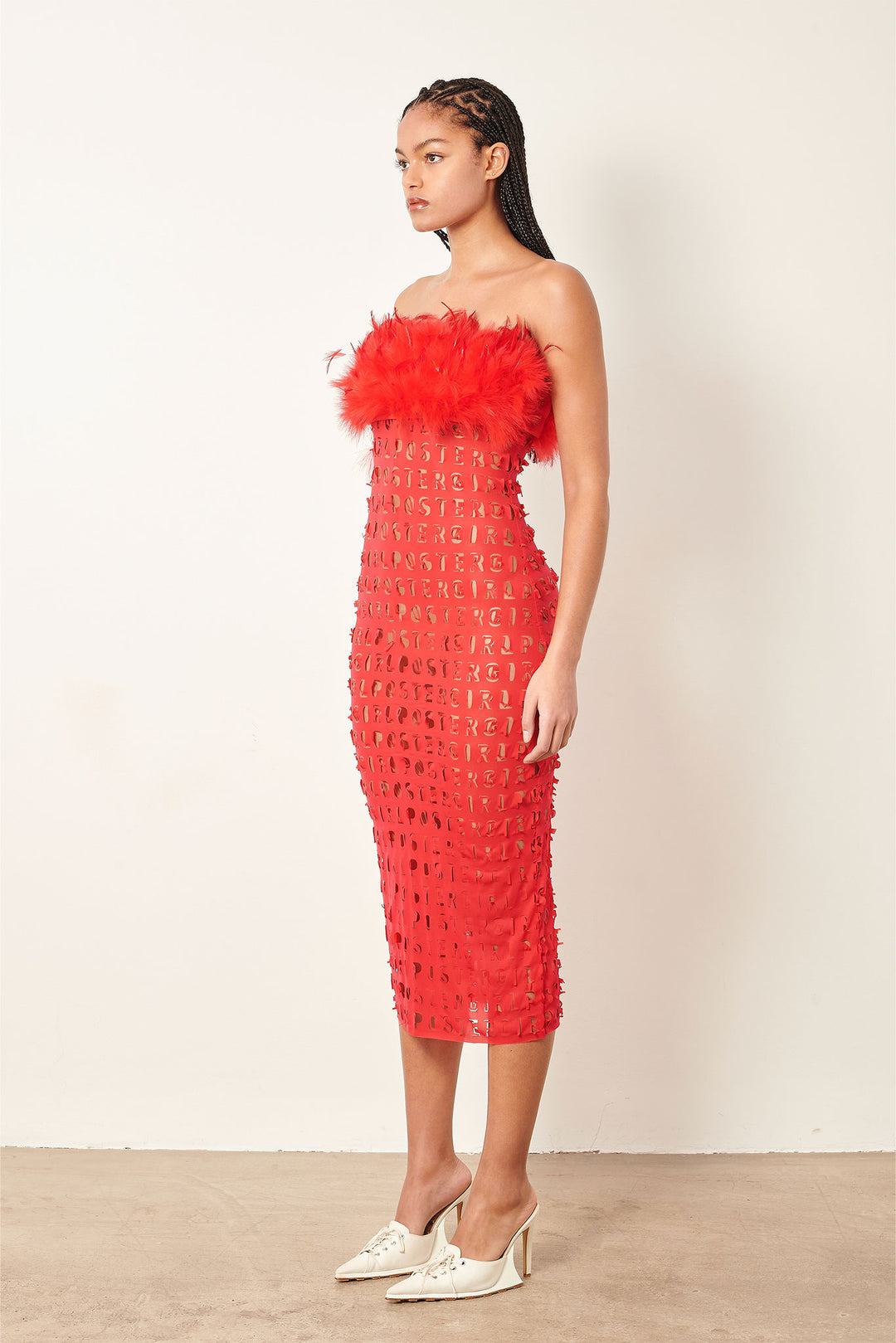 Posh Feather Bandeau Midi Dress Red | POSTER GIRL