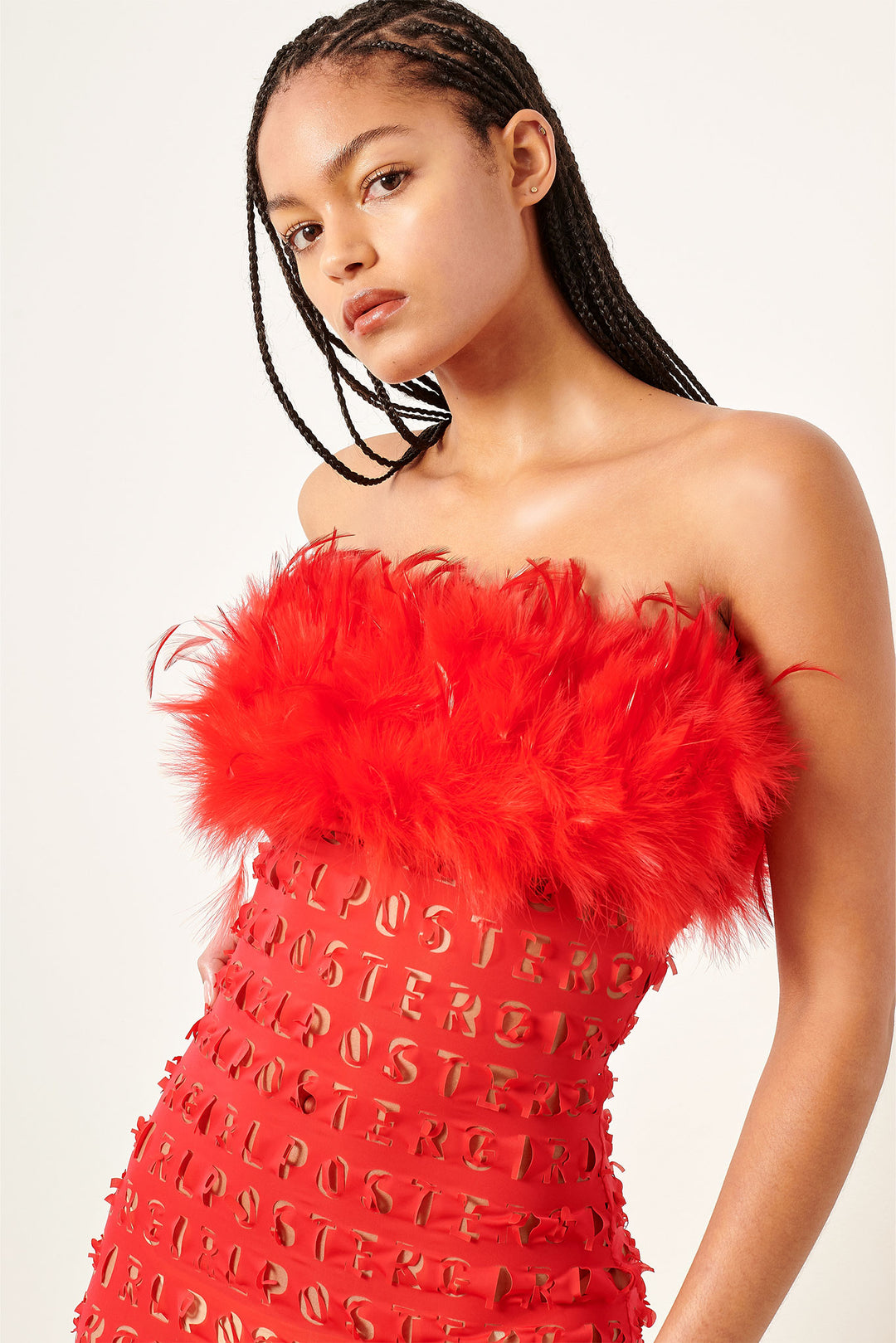 Posh Feather Bandeau Midi Dress Red | POSTER GIRL