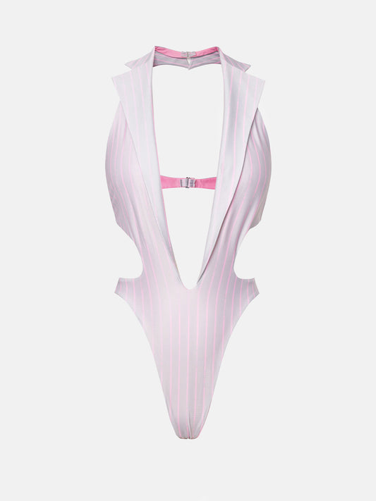 Portia Swimsuit Grey/Pink Pinstripe