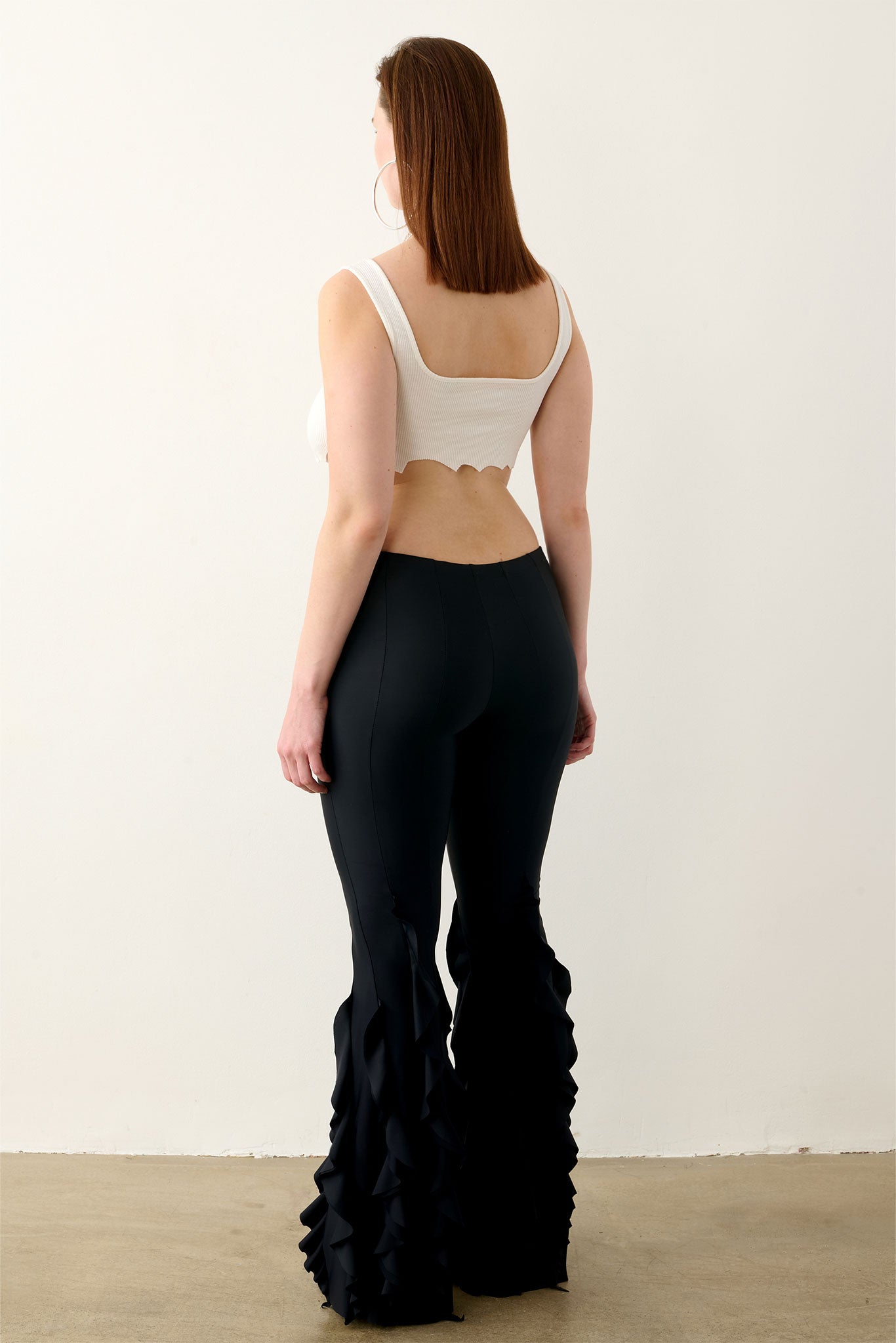 Rhonda Low Rise Flared Ruffle Trousers Black | POSTER GIRL
