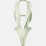 Portia Swimsuit Green/White Pinstripe