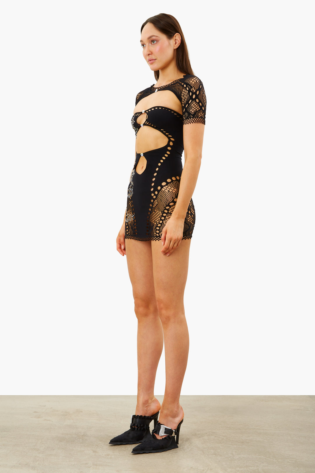 Barbi Lace Mesh Cut-Out Bodycon Mini Dress Black